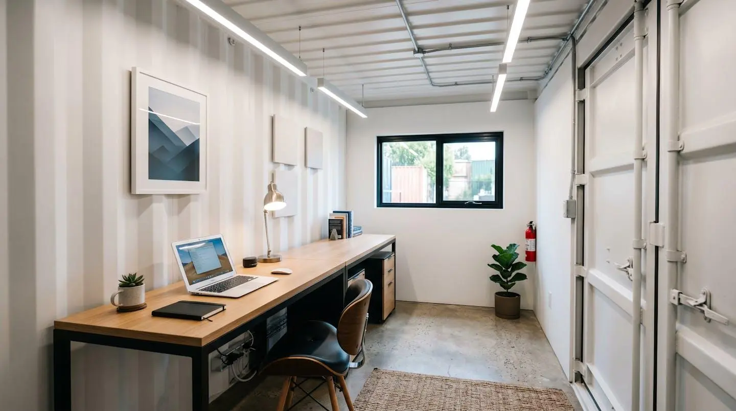 Intérieur d'un container 20 pieds aménagé en bureau avec bureau, éclairage et ventilation installés
