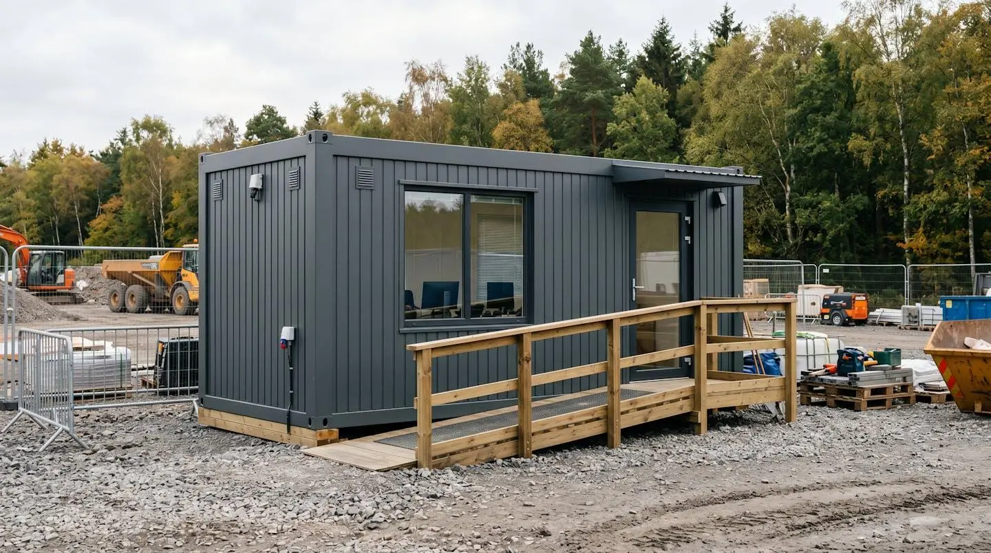 Container maritime aménagé installé sur un site professionnel en extérieur, montrant sa mobilité et son intégration sur terrain