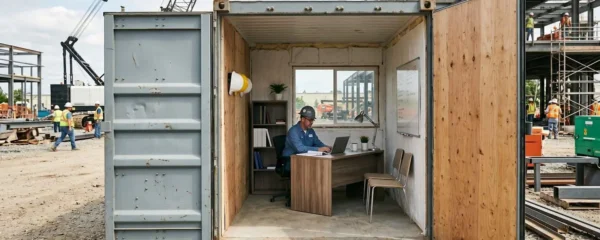 Container maritime aménagé en bureau professionnel sur un chantier, avec porte ouverte laissant voir un espace de travail fonctionnel