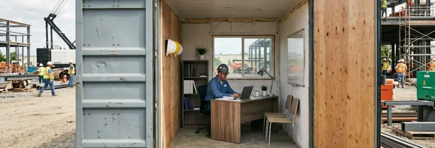 Container maritime aménagé en bureau professionnel sur un chantier, avec porte ouverte laissant voir un espace de travail fonctionnel